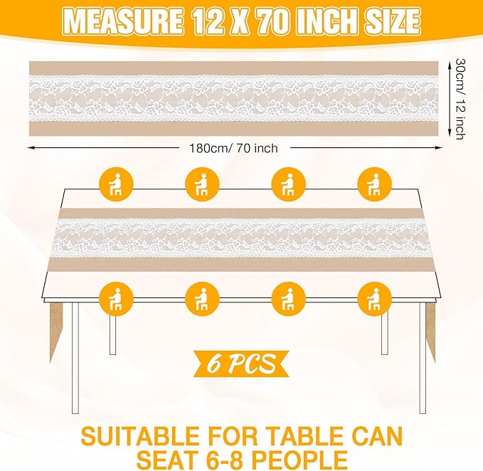 Xinnun 6 Pack Burlap Table Runner with LED String Lights, Modern Rustic Lace Natural Vintage Boho Jute Wedding Table Decor for Farmhouse Thanksgiving Christmas(Christmas Trim,12x70 Inches)