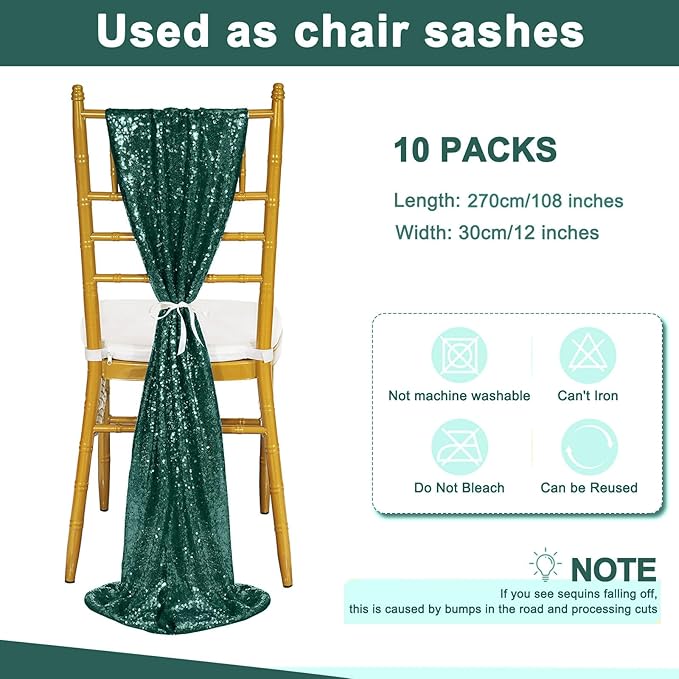 Sequin Table Runners 12 Pieces Emerald Green Table Runners 12x108 Inch Glitter Dining Table Cover for Party Wedding Birthday Reception Banquet Decoration Spring Party Chair Sashes