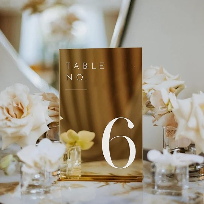 JINMURY Gold Wedding Table Numbers 1-20 with Stands, 5"x7" Gold Mirror Acrylic Table Numbers, Perfect for Wedding Reception, Party, Anniversary, Event