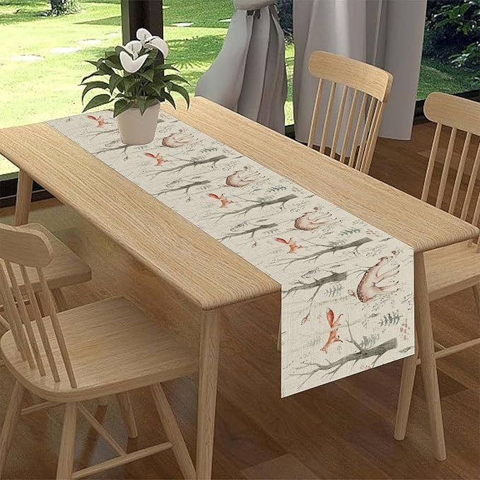 Rustic Forest Table Runner, Farmhouse Wild Woodland Animals Country Fox Rabbits Mushroom Botanical Green Table Center Decor for Home Kitchen Dining Patio Holiday Party, 13"x90" Inch