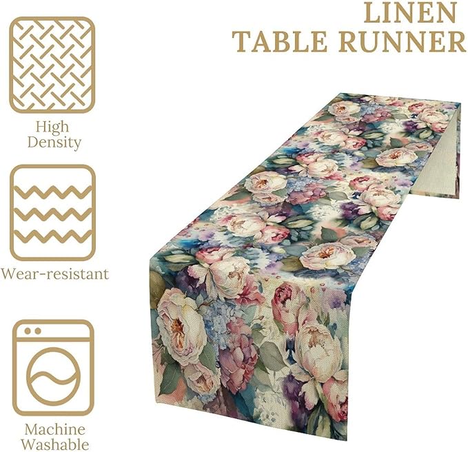 Vintage Floral Table Runner,Girls Women Rose Romantic Leaf Botanical Watercolor Pattern Print Burlap for Hotel Indoors Outdoor Dining Room Kitchen Holiday Party, 13x60in