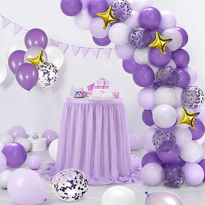 QueenDream Lavender Chiffon Table Skirt 6ft for Rectangle Tables Purple Mermaid Table Skirting for Wedding Birthday Butterfly Party Baby Shower