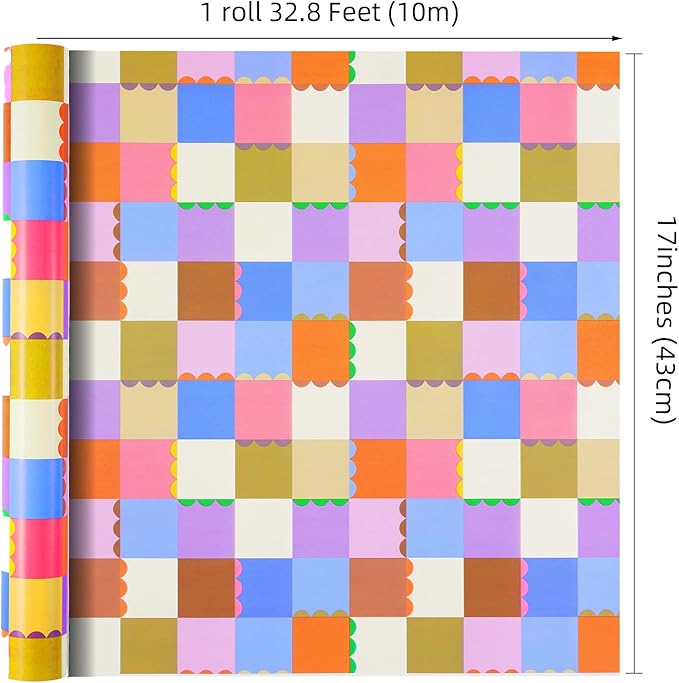 Ulmasinn Color Block Wrapping Paper Roll - 17 Inches x 33 Feet - for Girls Boys Kids, Colorful Square Patterned Gift Wrapping Paper with Scalloped Edges for Birthday Party, Holidays, Weddings