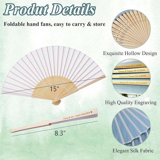 Personalized Engraved Silk Fans Folding Hand Fans 15 Pcs, Light Blue Summer Wedding Fans, Custom Imitated Silk-Bamboo Fans for Guests Wedding Party Favor Bridal Shower Gifts Party Decoration