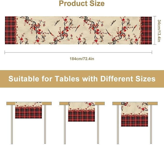 Bird Table Runner,Red Black Buffalo Plaid Blossom Seasonal Table Runner for Kitchen Dining Table Decoration Home Party Decor 13x60 Inch