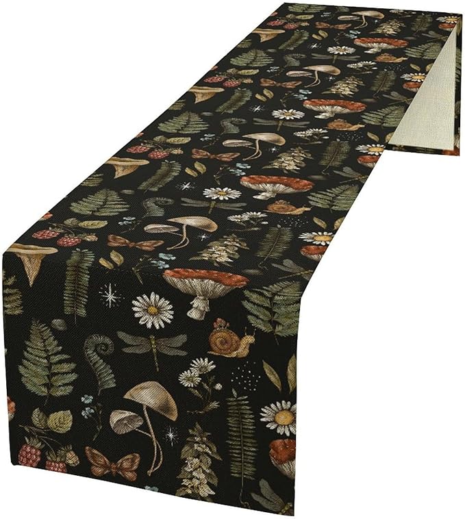 Mushroom Table Runner,Retro Forest Plant Table Runner for Kitchen Dining Table Home Party Decoration 13x36 Inch