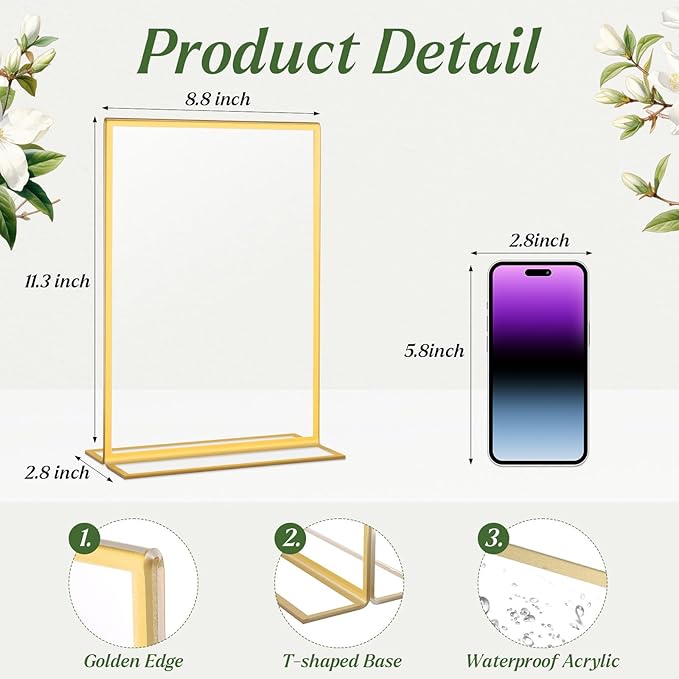 8 Pack Gold Acrylic Sign Holders 8.5x11 Inch, Double Sided Vertical Stand Clear Frames, Table Menu Display Holders for Wedding Table Numbers, Restaurant Signs, Events, Office and Store Posters