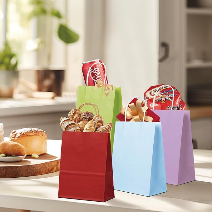 BAG BOX 25 Pack Small 5.9x3.1x8.25 Inch Blue Kraft Paper Gift Bags with Handles for Bulk Shopping, Retail, Craft, Party Favors, Wedding, Grocery & Sacks