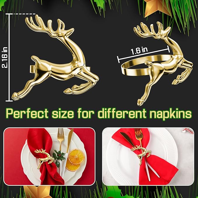 ZeeDix Gold Reindeer Christmas Napkin Rings Set of 12, Napkin Holder Ring for Christmas Dinner Table Decor Cloth Napkins, Wedding Receptions, Holiday Party, Banquet and Home Kitchen