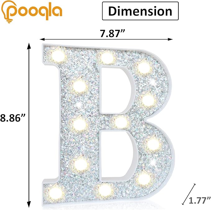 Pooqla Light Up Letters, LED Marquee Letters for Silver Birthday Decorations, Battery Powered Night Light Teenager Girl Room Decor, Gift for Girls Boys Wedding Bedroom Christmas Party Decor, Letter B