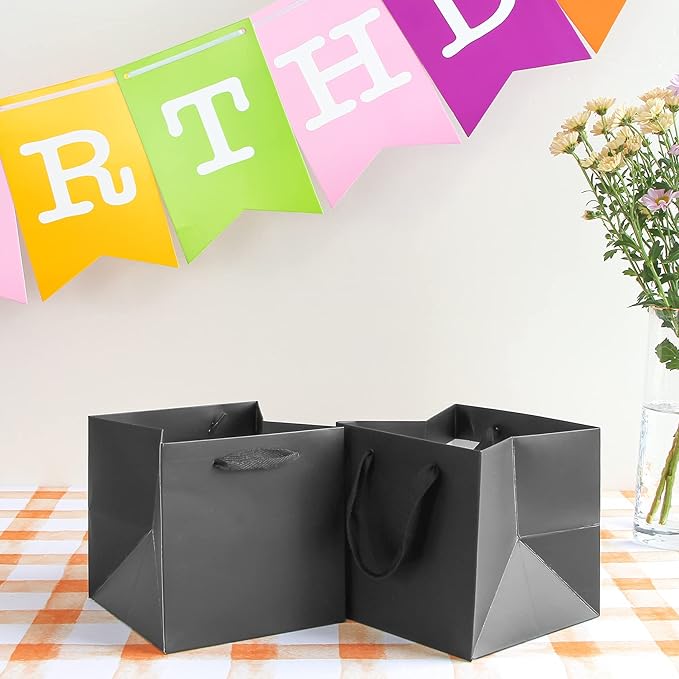 Black Paper Gift Bag 4 in Paper Box Small Square Bottom Paper Bags with Handles for Wedding Baby Shower Birthday Party (Black, 4 x 4 x 4 in, 10 CT)