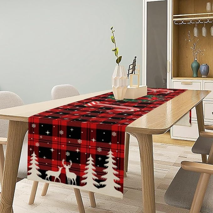 Christmas Table Runner, Red Winter Xmas Holiday Table Cloth Kitchen Dining Table Decoration for Home Party Decor 13x120 Inch