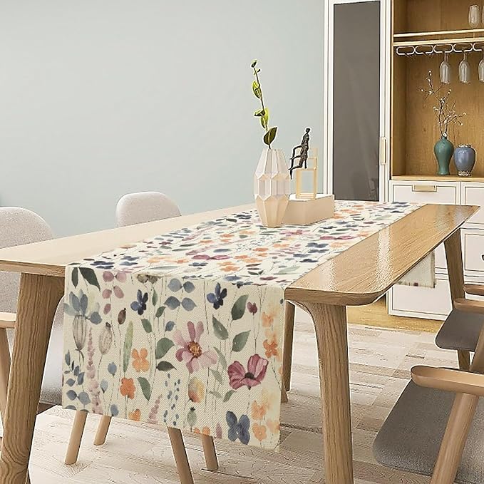 Watercolor Floral Table Runner, Vintage Colorful Floral Natural Style Pattern Decorative Home Restaurant Kitchen Rectangle Table Runner,13in（33cm） W * 60in（152cm） L