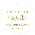 Andaz Press Personalized Round Circle Wedding Gift Tags, Metallic Gold Ink, Love is Sweet, 24-Pack, Custom Made Any Name