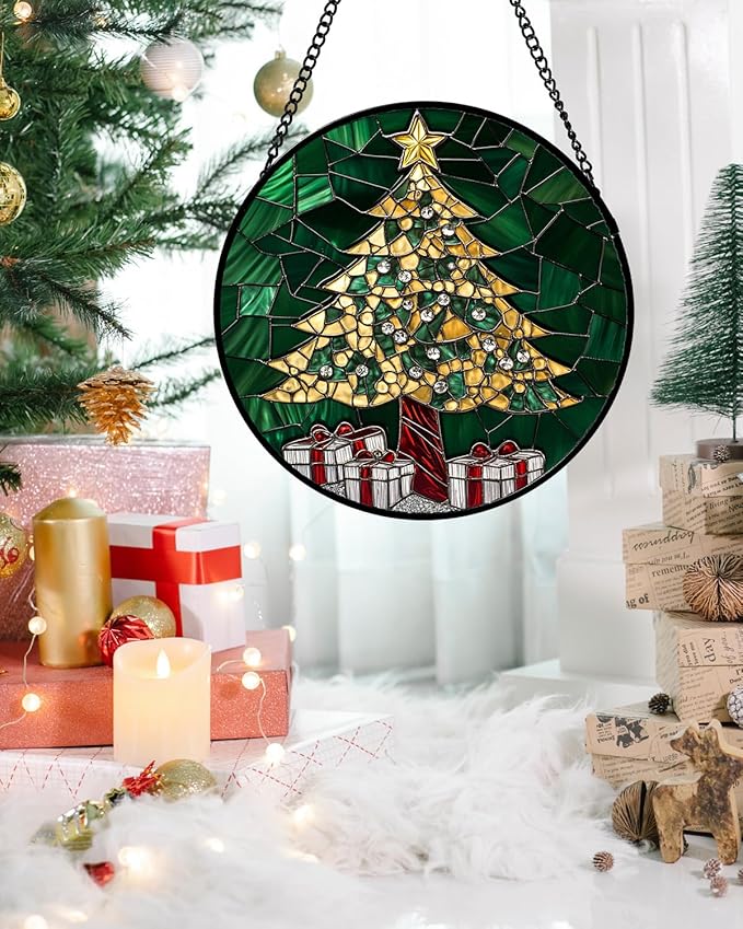 Stained Glass Window Hanging -Gold Green Christmas Tree Suncatcher for Doors Home Christmas Decoration Winter Sun Catcher Thanksgiving New Year Birthday Gifts for Women Men Mom Nana 15 in