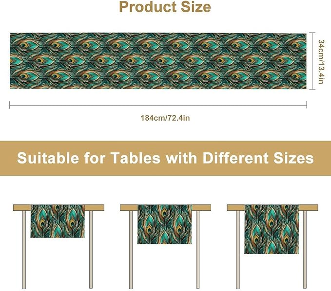Peacock Feather Table Runner,Retro Aesthetic Green Table Runner for Home Kitchen Dining Party Indoor Outdoor Decoration 13x36 Inch