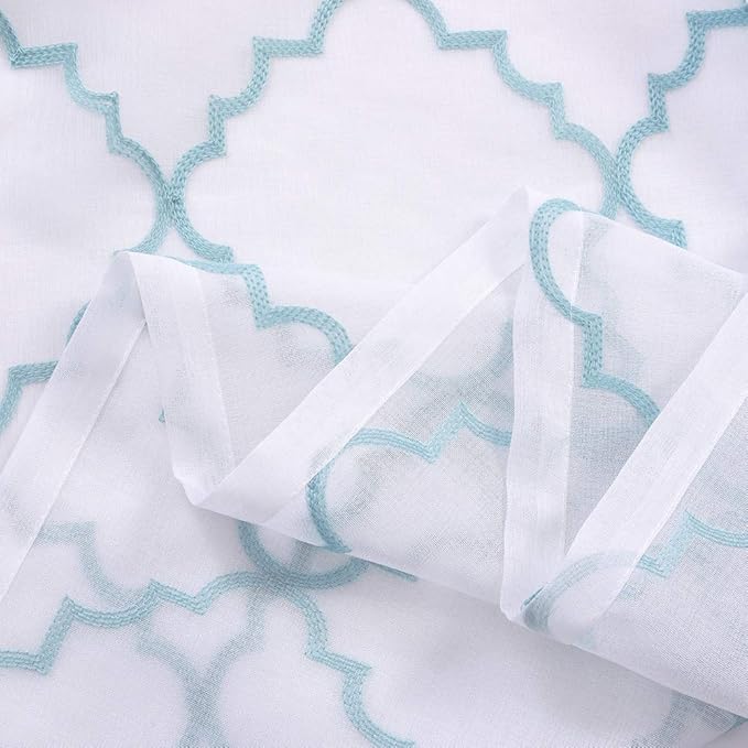 Embroidery Sheer Curtains Blue 63 Inch, Rod Pocket Voile Drapes for Living room, Bedroom, Window Treatments Moroccan Embroidery Semi Crinkle Curtain Panels for Yard, Patio, Villa, Set of 2, 52"x 63".