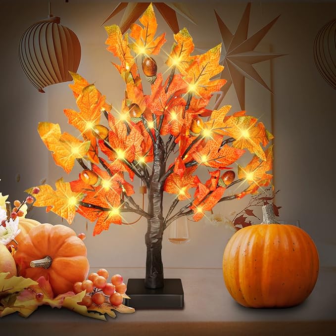 18 Inch Fall Lighted Maple Tree with 36 LEDs, 6 Acorns, Timer Battery Operated Tabletop Artificial Tree for Autumn Thanksgiving Halloween Christmas Harvest Indoor Decorations