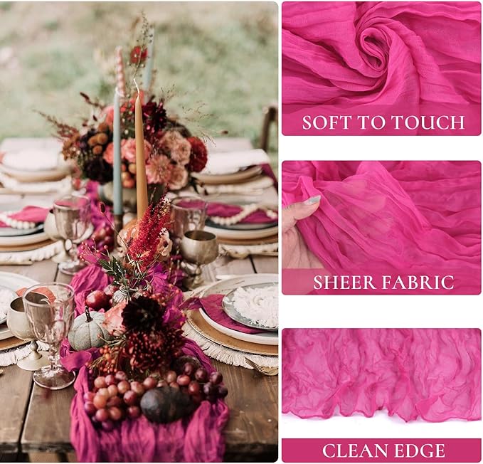 3 Pack Hot Pink Cheesecloth Table Runner Summer Sheer Fuschia Cheese Cloth Table Runner Boho Gauze 120 Inches Summer Table Decorations for Weddings Bridal Baby Shower Birthday Parties