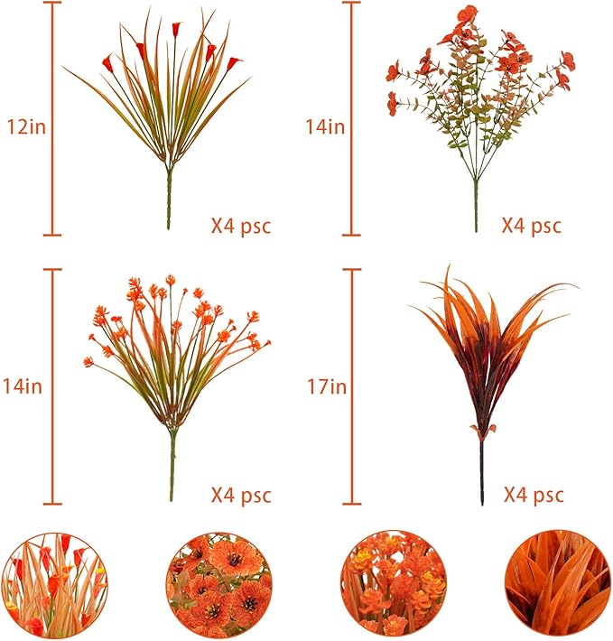 16 Pcs Fake Fall Flowers Decor Faux Fall Plants UV Resistant Artificial Fall Flower Decorations for Home Table Centerpiece Wedding Harvest Baby Shower Party