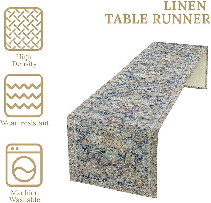 Vintage Boho Floral Table Runner, Rustic Country Farmhouse Blue Yellow Retro Flower Pattern for Home Kitchen Table Decor Dining Coffee Room Party Decor 13x60in