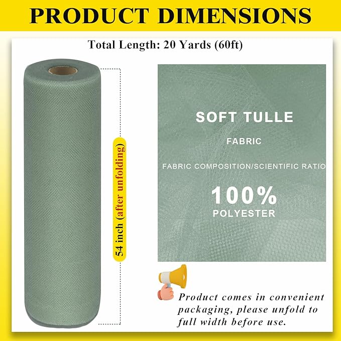 Sage Green Tulle Fabric Rolls 54 Inch by 20 Yards Tulle Ribbon Netting Spool Bolt for DIY Wedding Decoration Baby Shower Tutu Skirt Gift Wrapping, Large Matte Tulle, Roll Packaging (Sage Green)