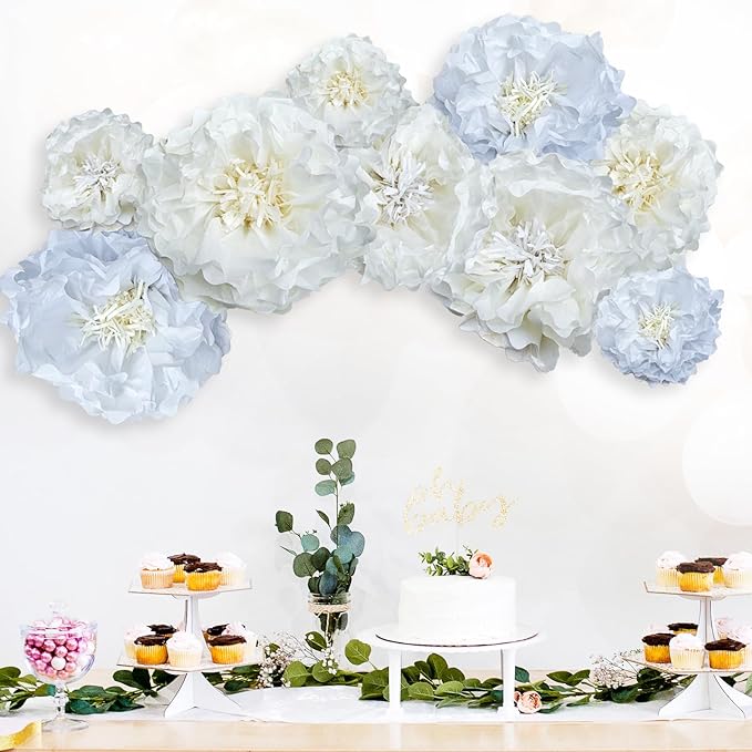 White Paper Flower Pom Poms Wall Decorations for Birthdays, Bridal, Baby Showers, Weddings, Outdoor Decor, Tea Parties, Engagement