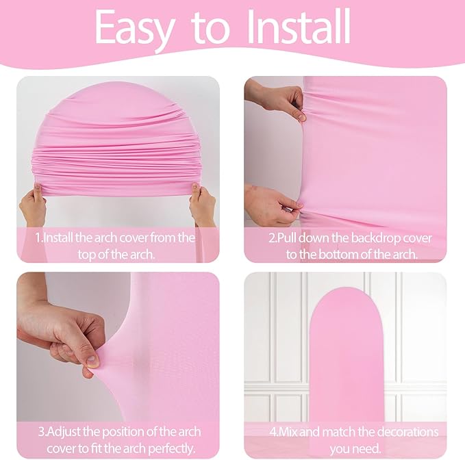 WEERRW Wedding Arch Cover Pink Spandex Fitted Set of 3 Balloon Arch Stand Covers Round Top Chiara Stretchy Backdrop for Birthday Party Baby Shower Banquet Decoration (6FT, 6.6FT, 7.2FT)