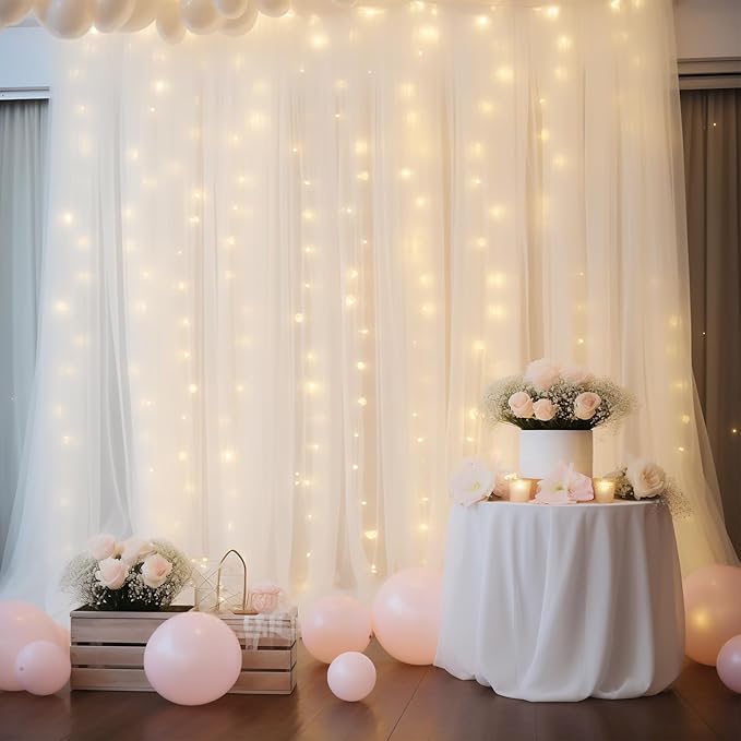 20×10ft White Tulle Backdrop Curtain with Lights String for Parties, Sheer Photo Backdrop Curtains for Wedding Party Photography Background