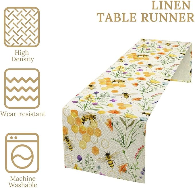 Summer Bee Table Runner, Seasonal Spring Wildflowers Bee Yellow Honeycombs Farmhouse Table Runner for Kitchen Dining Table Home Party Decor, 13x108inch