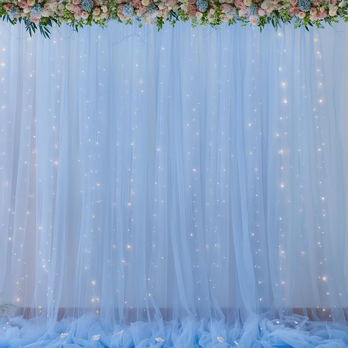 20x8ft Baby Blue Tulle Backdrop Curtains with Lights for Party Wedding Baby Shower, Sheer Drape Backdrop Curtains for Birthday Party Photo Booth Background Decoration
