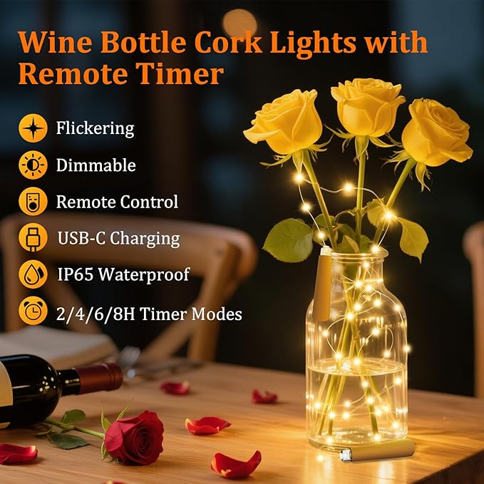 PChero USB Rechargeable Wine Bottle Lights with Cork & Remote Timer, 6 Pack 20 LED 6.6 ft Fairy String Lights for DIY Party Wedding Christmas Halloween Festival Bar Decoration