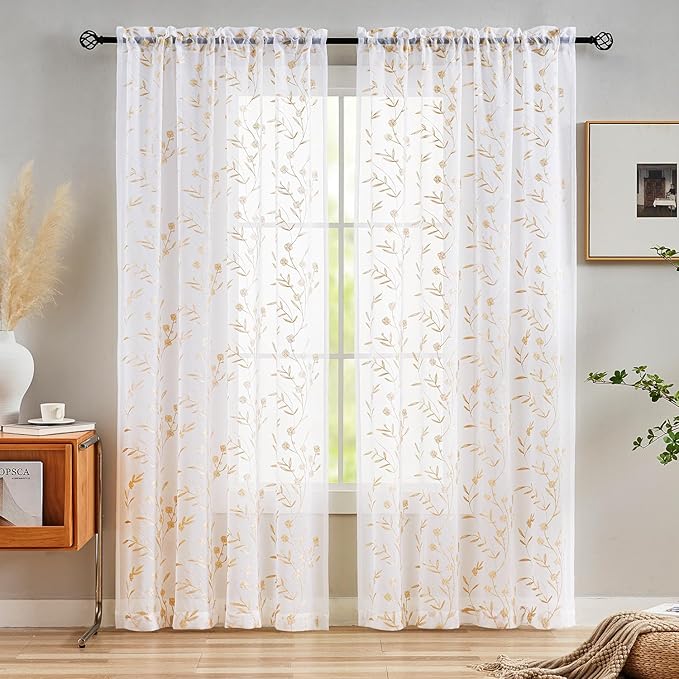 Sheer Curtains White-Beige 95 Inches, Embroidery Floral Pattern Window Treatments Rod Pocket Drapes for Living room, Bedroom, Semi Voile Curtain Panels for Patio, Villa, Parlor, Set of 2, 52"x 95".