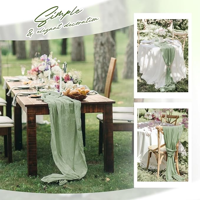 Aktor 4 Pack Sage Green Table Runner Boho Cheesecloth Table Runner Semi Sheer Gauze Fabric Runners for Wedding Birthday Baby Shower Party Boho Table Decoration（Sage Green）