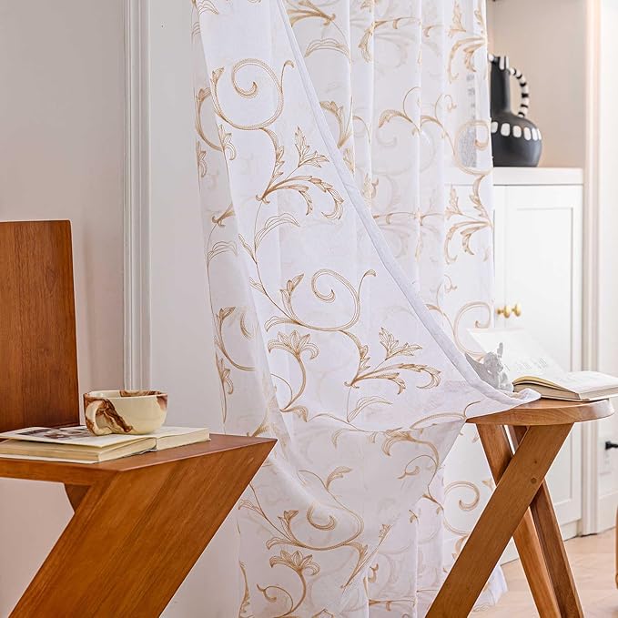 White Sheer Curtains 84 Inches Long, Rod Pocket Sheer Drapes for Living room, Bedroom, 2 Panels, 52"x84", Vintage Beige Floral Patterned Boho Window Curtains for Yard, Patio, Villa, Parlor.