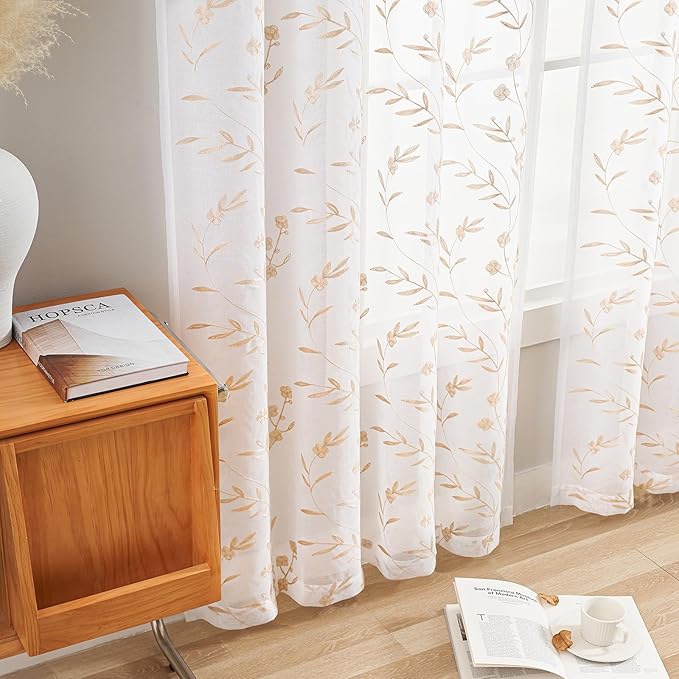 Sheer Curtains with Desin White-Beige Floral Embroidery 84 Inch Long Rod Pocket Lace Drapes for Living room, Bedroom, 2 Panels, 52"x84", Semi Voile Outdoor Window Treatment Sets for Yard, Patio.