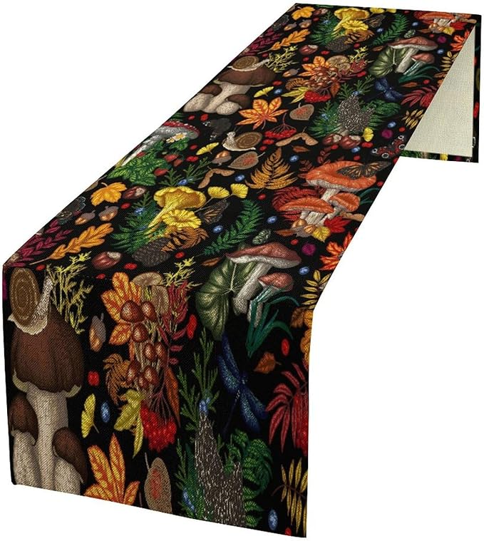 Nature Mushroom Table Runner,Retro Boho Floral Botanical Plant Forest Pattern Print Tablecloth Burlap for Hotel Indoors Outdoor Dining Room Kitchen Holiday Party, 13x36in