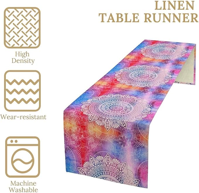 Vintage Mandala Table Runner, Bohemian Indian Purple Starry Colorful Floral Print Table Runner for Home Kitchen Dining Table Party Decor, 13x60inch