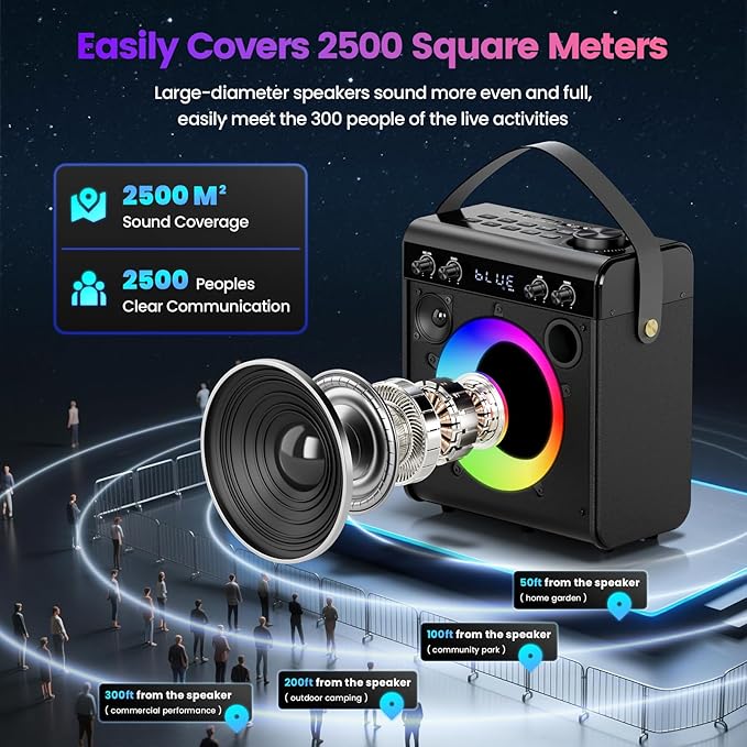 Karaoke Machine, Portable Bluetooth Speaker with 2 Wireless Microphones for Adults & Kids - PA System, LED Lights, Bass/Treble Control, AUX/USB/TF/FM for Home Party Outdoor Singing