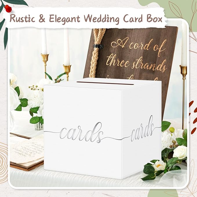 QIKSION White Wedding Card Box, Silver Foil Gift Card Box for Party, Wedding Reception, Graduation, Birthday, Baby Shower, Raffle