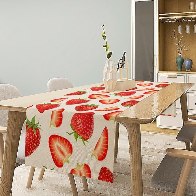 Strawberry Table Runner Spring Summer Wild Berry Fruit Theme Dinner Runner for Girl Baby Shower Party Holiday Home Kitchen Dining Table Decor 13x108