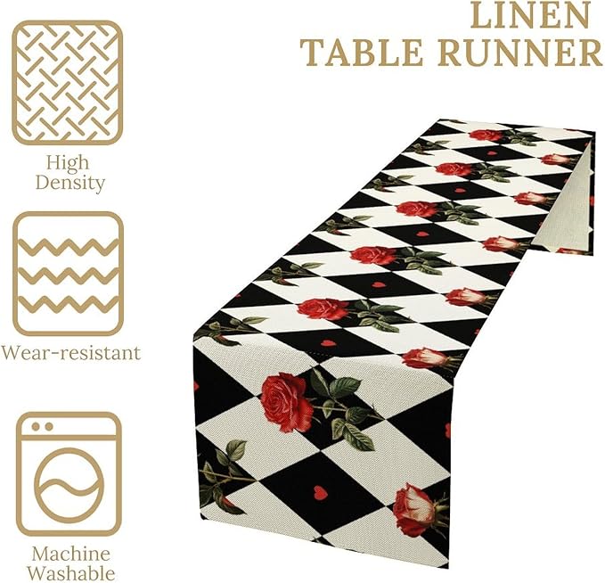 Vintage Rose Table Runner, Red Rose Hearts Black White Checkered Background Table Runner for Kitchen Dinning Table Runner Decor Home Wedding Party Holiday, 13x90 Inch