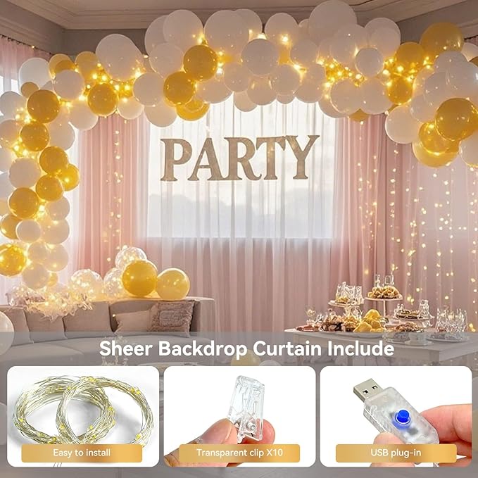 10×8ft Tulle Backdrop Curtains with Lights String - 300LED Fairy Lights Sheer Curtain Backdrop for Weddings Baby Shower and Birthday Party Decorations(2 Panels 5×8ft)