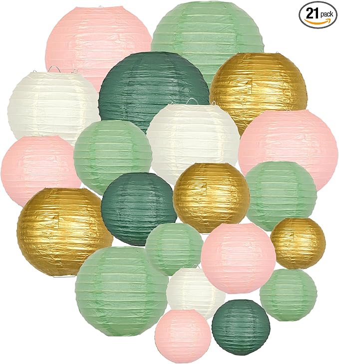 ADLKGG Paper Lanterns Decorative, Round Hanging Paper Lanterns Decorations for Graduation Bridal Shower Wedding Birthday Neutral Baby Shower Decorations Home Decor Sage Green/Pink/Gold 21pcs