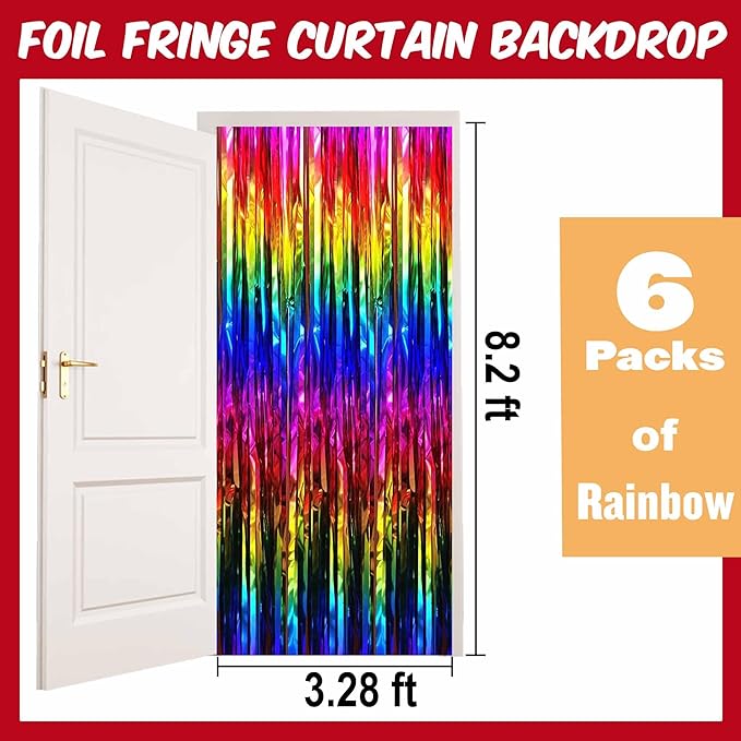 6 Pack Rainbow Foil Fringe Curtains Backdrop, 3.28 x 8.2 Ft Metallic Streamers Tinsel Curtains Background for Photo Booth, Birthday, Weddings, Carnivals, Graduation, Themed Party Decorations