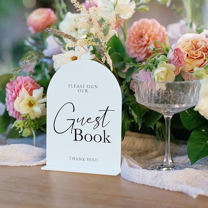 White Arch Acrylic Wedding Sign- 5"x7" Guest Book Sign and Base,1/8" Thick | Modern Calligraphy Arched Acrylic Table Sign for Wedding & Event Party