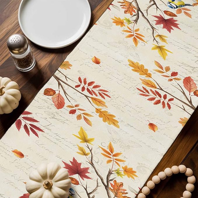 Thanksgiving Fall Cotton Linen Table Runner for Dining Kitchen, Blue Pumpkins Rustic Wedding Outdoor Party Autumn Tablerunners Decoration, Leaves Dresser Scarf Coffee Tablecloth Runners 13x90 Inches