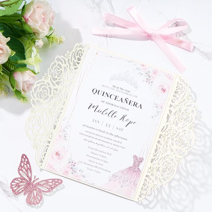 50PCS Pink Wedding Invitations Butterfly Laser Cut Invitation with Envelopes and Rsvp Card Personalized Inner Sheets for Wedding Bridal Baby Shower QuinceañEra Engagement Birthday