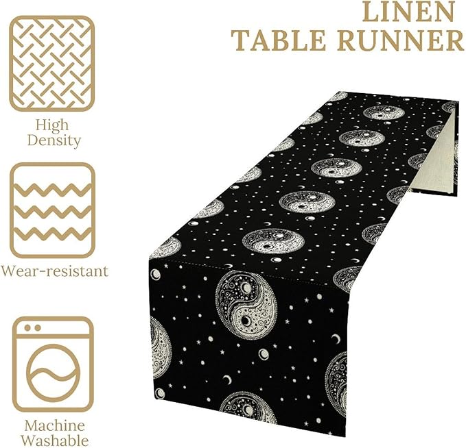 Mystical Celestial Table Runner, Vintage Bohemian Black Yin Yang Symbol Moon Stars Print Table Runner for Office Kitchen Dining Wedding Party Home Coffee Table, 13x60inch