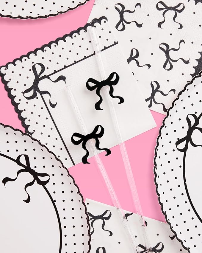 xo, Fetti Black Bow Reusable Straws, 12pcs - Clear Glitter Plastic | Birthday Drink Decorations, Coquette Drinkware, Tying the Knot Party Favor, Bachelorette Decor